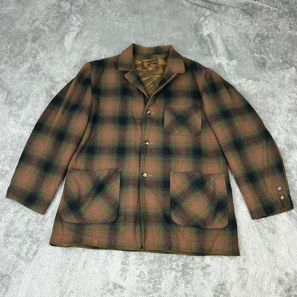 Vintage Merrill Woolens Jacket Mens Large Brown Plaid Wool Chore Coat 50s 60s - Picture 1 of 16